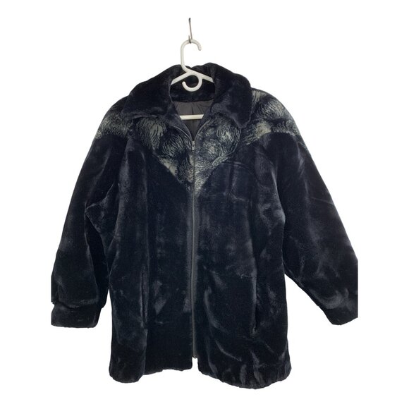 Vintage 90s Hillmoor NY Black Faux Fur Coat Zip Size L/XL RD10707 Teddy EUC USA - Picture 1 of 10